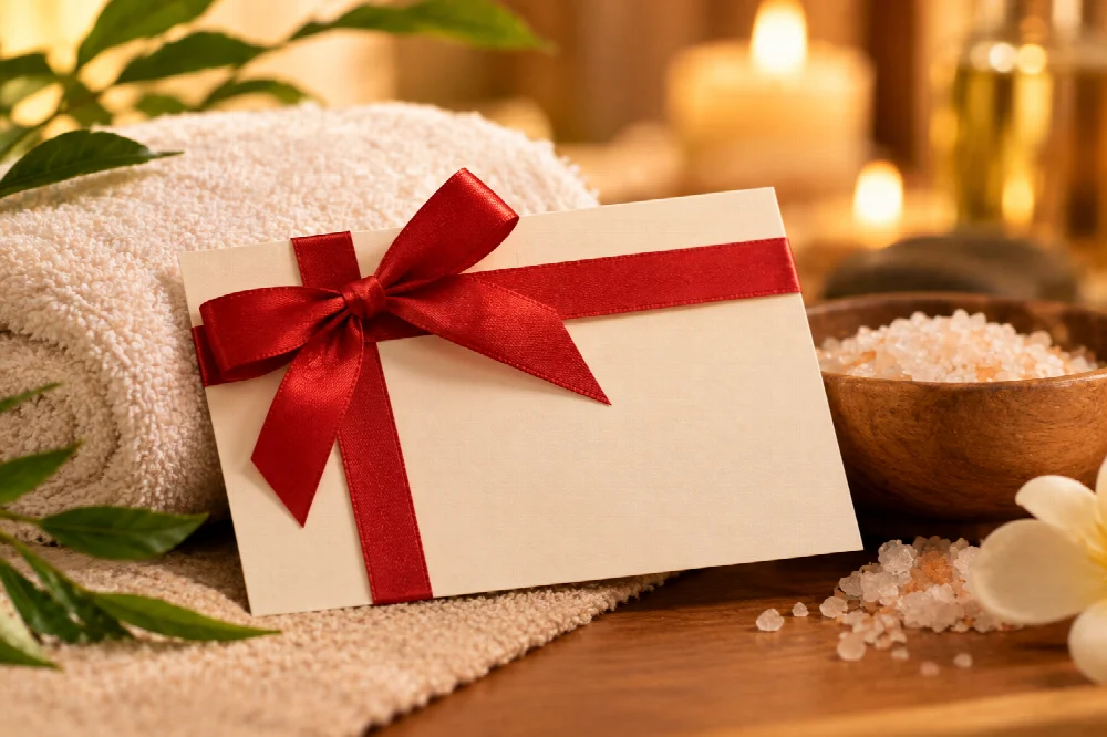Carte cadeau avec ruban rouge, dans une ambiance de spa